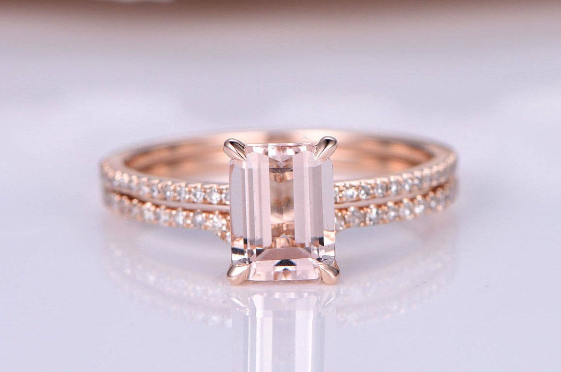 Ehering Set Smaragd Schliff Morganit Ring Diamant 6x8mm Rosa Edelstein Solide 14K Rose Gold Braut von PENNIjewel
