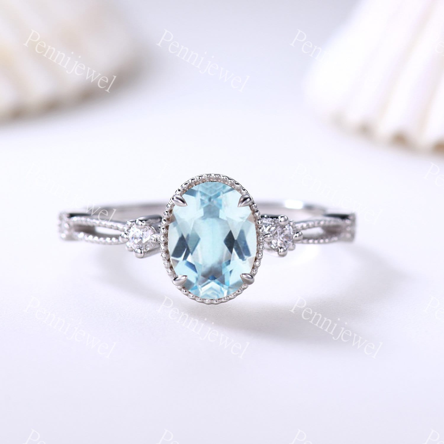 Einzigartiger Ovaler Schliff Aquamarin Verlobungsring, 6x8mm Diamant Ehering, Weiß Gold Valentinstag Geburtstagsgeschenk von PENNIjewel