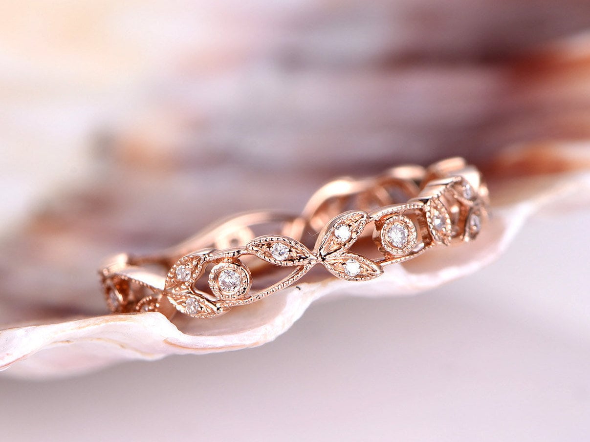 Floral Diamant Hochzeitsband Roségold Full Eternity Ring Stapeln Filigran Natur Matching Versprechen Jahrestag Geschenk Für Frauen von PENNIjewel