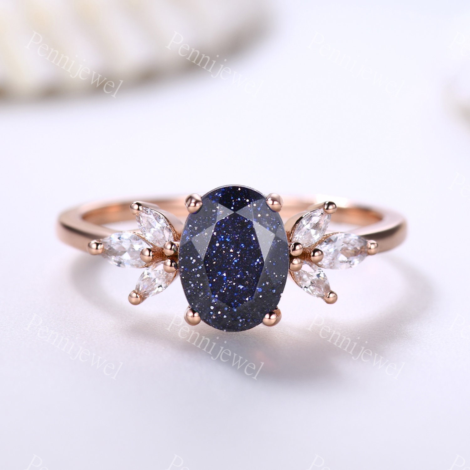 Galaxie Blauer Sandstein Ring Oval Geschliffener Frauen Verlobungsring 14K Rose Gold Marquise Schliff Moissanit Unikat von PENNIjewel