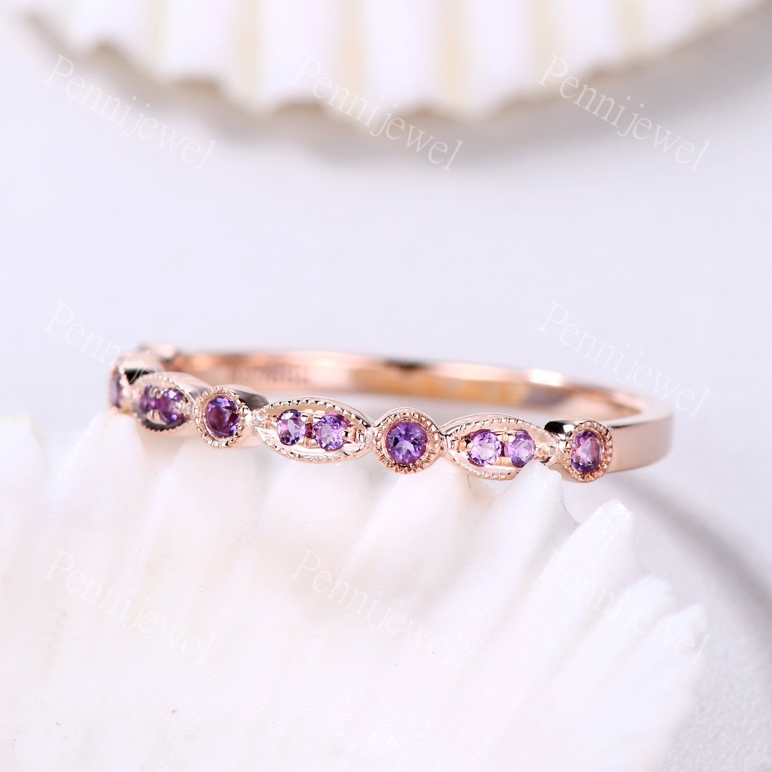 Halb Eternity Amethyst Ehering, Rose Gold Ring, Verlobung Matching Stacking Band, Februar Geburtsstein, Valentinstag Geschenk Für Sie von PENNIjewel