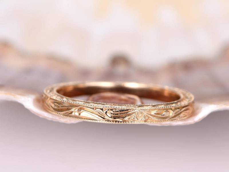 Hochzeitsband, Gravur Ehering Filigran Stil Ring Art Reco Blatt Verlobungsring Milgrain Solid 14K Gelbgold Herrenring von PENNIjewel