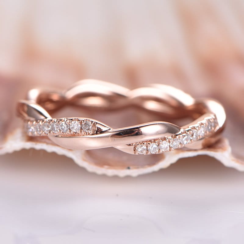 Infinity Ring Diamant Ehering Twist Design Solid 14K Roségold Full Eternity Band Stapeln Passende Versprechen Jubiläum von PENNIjewel