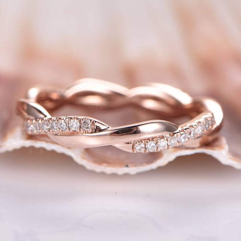 Infinity Ring Diamant Ehering Twist Design Solid 14K Roségold Full Eternity Band Stapeln Passende Versprechen Jubiläum von PENNIjewel