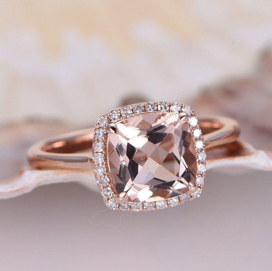 Kissen Morganit Verlobungsring 2, 3Ct Ring Unikat Gold Band Natur Diamant Halo Korb Unter 14K Roségold von PENNIjewel