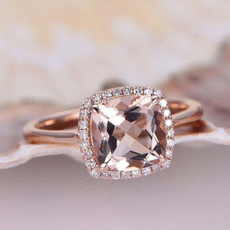 Kissen Morganit Verlobungsring 2, 3Ct Ring Unikat Gold Band Natur Diamant Halo Korb Unter 14K Roségold von PENNIjewel