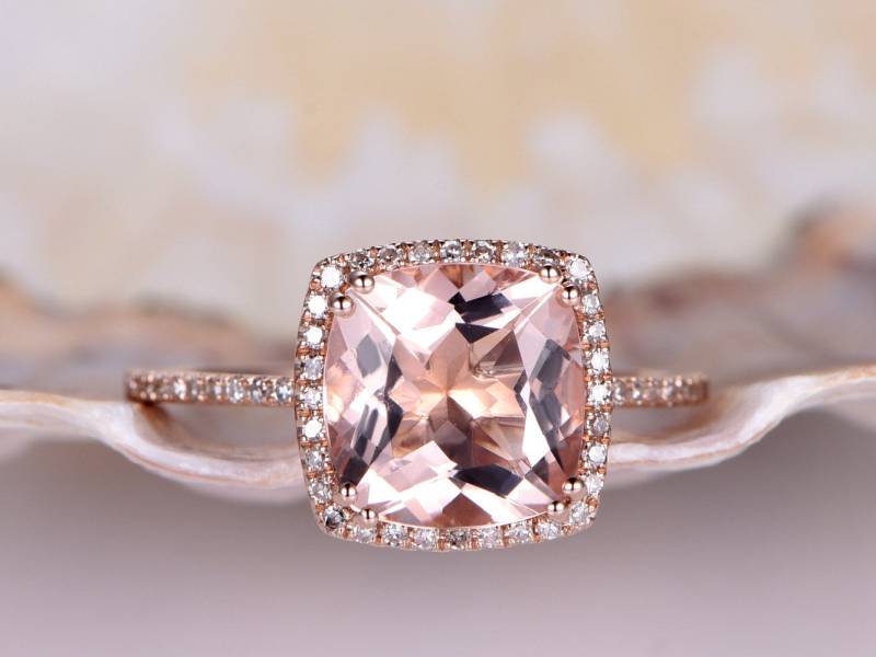 Kissen Morganit Verlobungsring Roségold Diamant Ehering Massiv 14K Gold Jubiläumsring 9mm Stein 8-Stoß Halo Ring von PENNIjewel