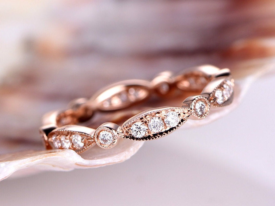 Marquise Diamant Ehering Rosegold Full Eternity Ring Art Deco Stapeln Passende Band Milgrain Jubiläum Geschenk Für Sie 14K/18K von PENNIjewel