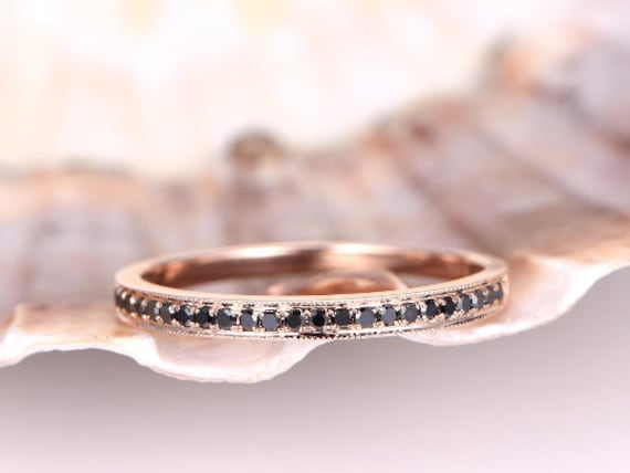 Massiver 14K Roségold Ring Schwarz Diamant Ehering Halb Ewigkeit Verlobungsring Stapeln Passende Band Jubiläum Dünn Pave Set von PENNIjewel