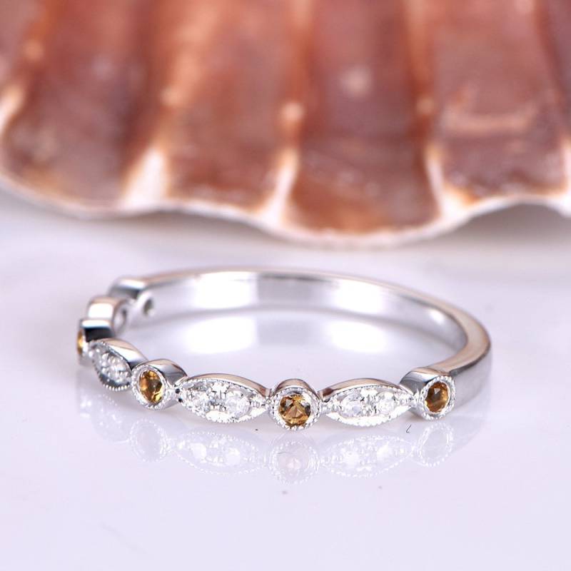 Milgrain Citrin Diamant Ehering 14K Weißgold Halb Ewigkeit Ring Verlobungsring Stapeln Passendes Band Marquise Set von PENNIjewel