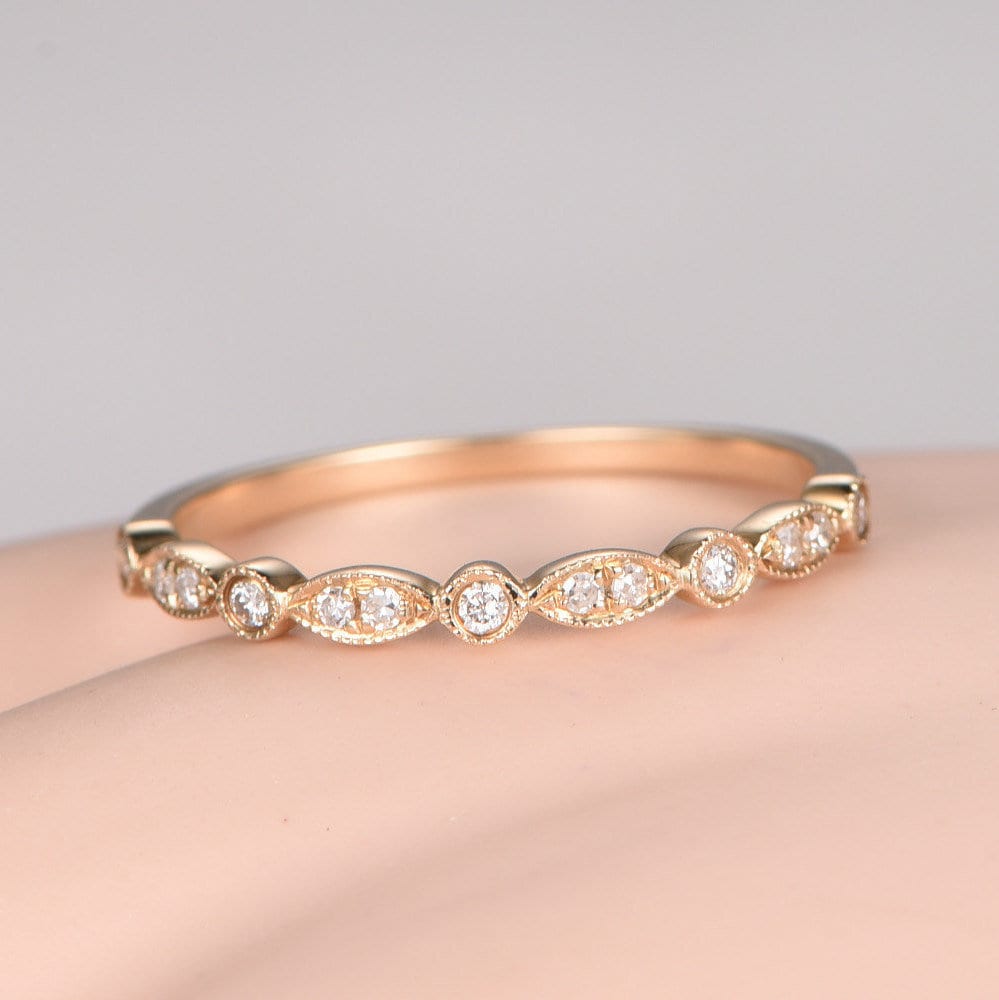 Milgrain Diamant Ehering Massiver 14K Roségold Halb Eternity Ring Verlobungsring Stapeln Passender Band Jubiläumsring Marquise Set von PENNIjewel