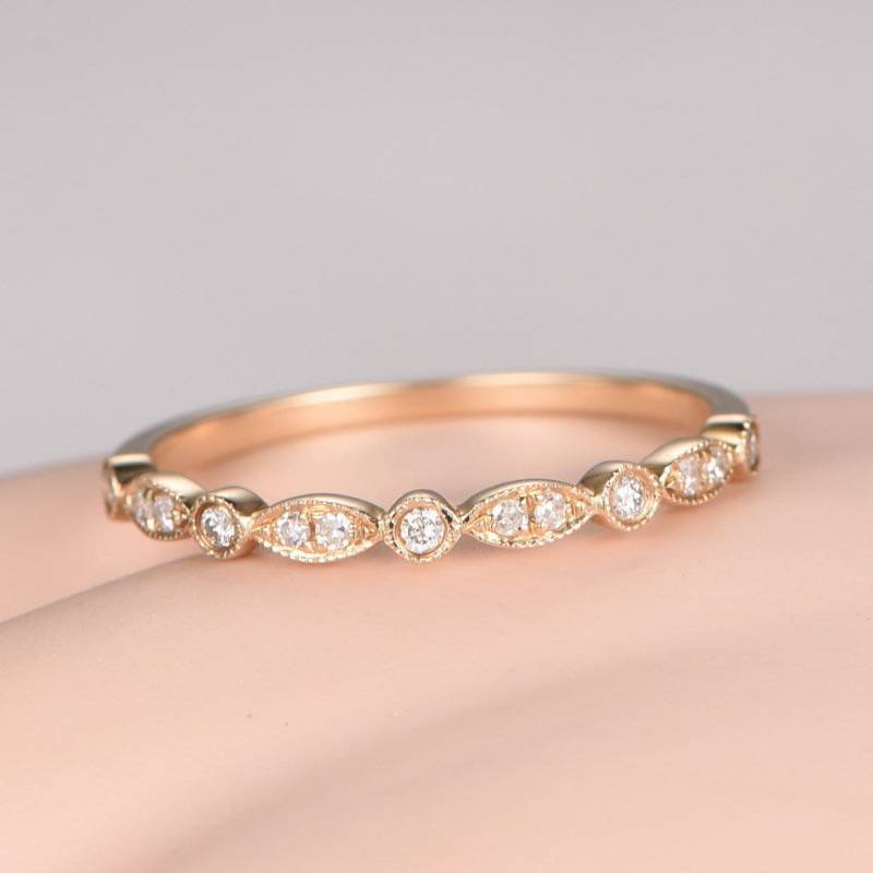 Milgrain Diamant Ehering Massiver 14K Roségold Halb Eternity Ring Verlobungsring Stapeln Passender Band Jubiläumsring Marquise Set von PENNIjewel