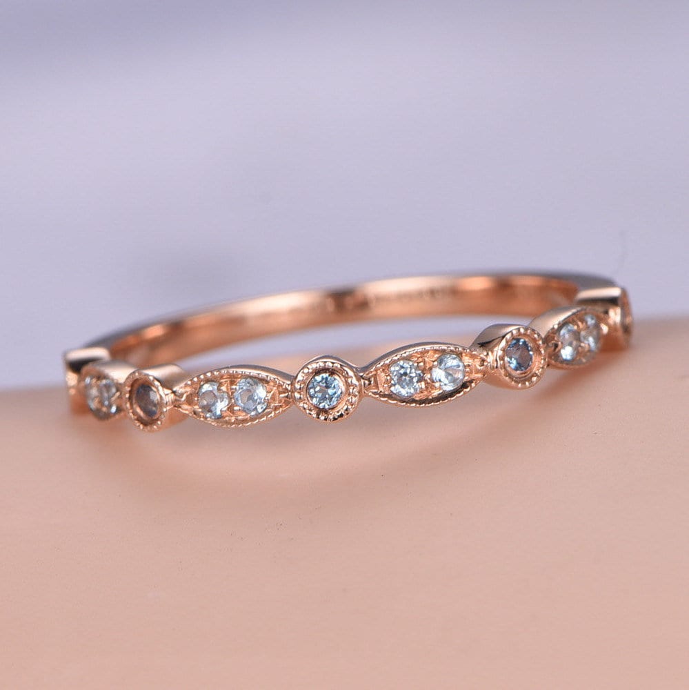 Milgrain Natürlicher Blauer Topas Ehering 14K Roségold Halber Memoire Ring Verlobungsring Deko Passendes Band Brautpaar Marquise Set von PENNIjewel