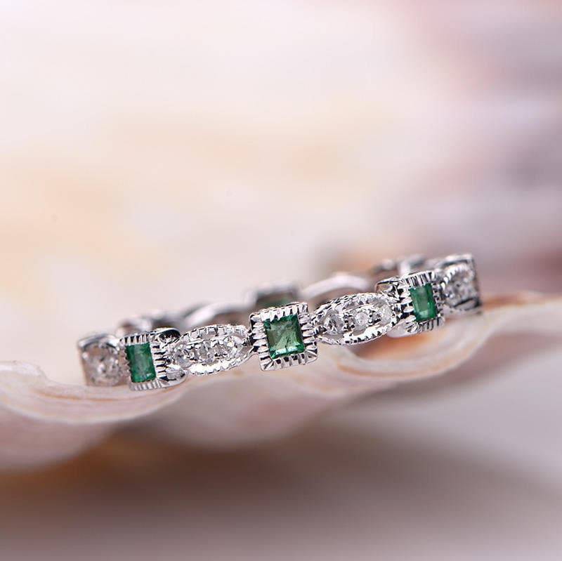 Milgrain Smaragd Diamant Ehering 14K Weißgold Voll Eternity Ring Verlobungsring Stacking Passende Band Jubiläum Marquise Set von PENNIjewel