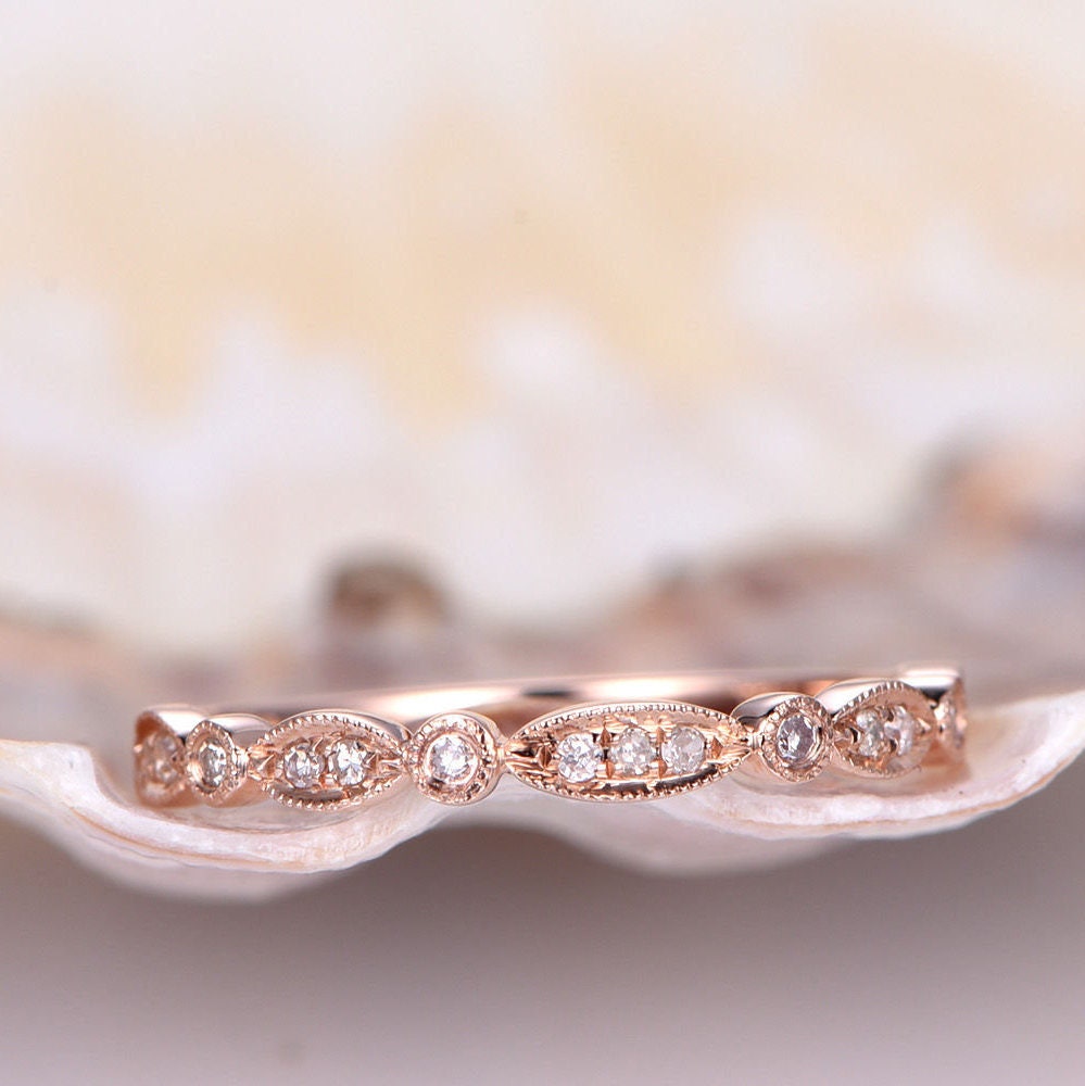 Mitte 3 Stein Diamant Ehering 14K Massive Rose Gold Halb Ewigkeit Ring Verlobungsring Stapeln Passende Band Jubiläum Marquise von PENNIjewel