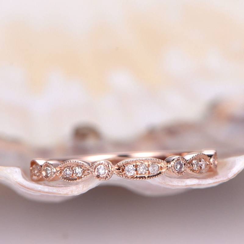 Mitte 3 Stein Diamant Ehering 14K Massive Rose Gold Halb Ewigkeit Ring Verlobungsring Stapeln Passende Band Jubiläum Marquise von PENNIjewel