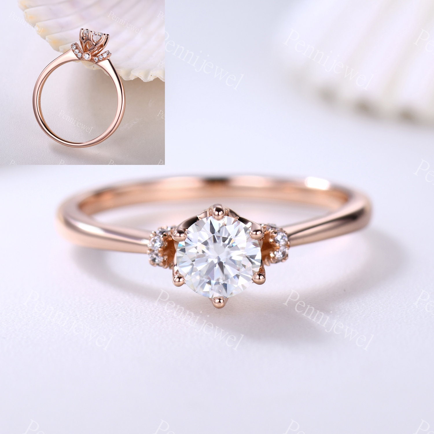 Moissanit Handarbeit Schmuck, Rund Geschnittener Ring, Frauen Ehering, Tulpenring Set, 14K Roségold, Einzigartiger Verlobungsring, Verlobungsring von PENNIjewel