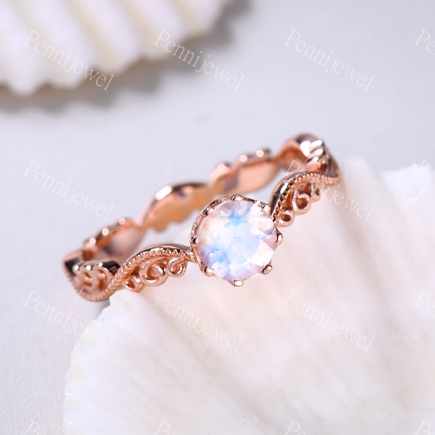 Mondstein Verlobungsring Rosegold Ring Art Deco Ranke Astband Minimalistisch Solitär Personalisiert Brautring Geschenk von PENNIjewel