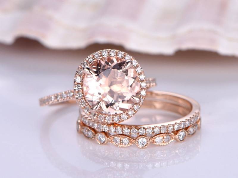 Morganit Ring Set 7mm Rundschliff Ehering Art Deco Halb Ewigkeit Diamant Band Brautring von PENNIjewel