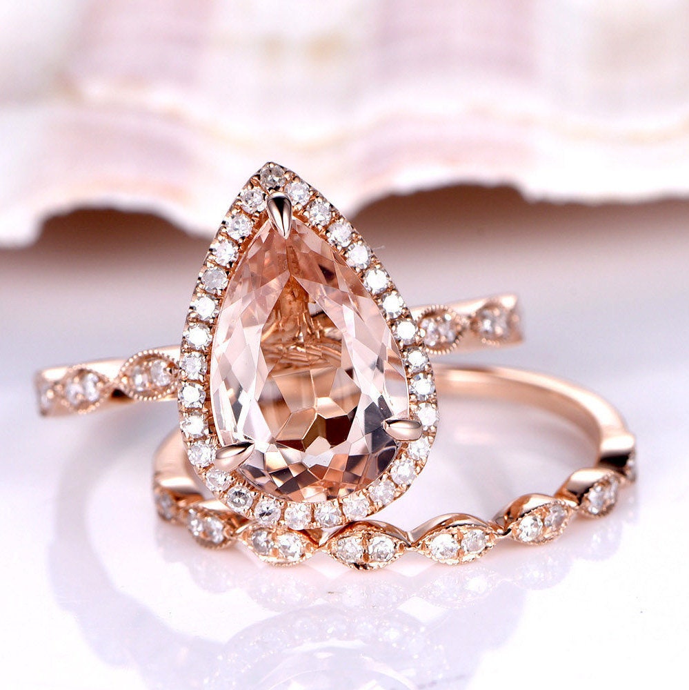 Morganit Ring Set Natürlicher Verlobungsring 8x12mm Pear Cut Halbe Ewigkeit Art Deco Diamant Ehering von PENNIjewel