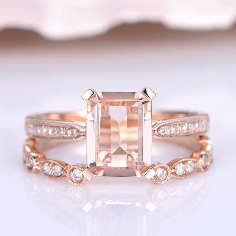 Morganit Ring Set Unikat Smaragd Cut Verlobungsring Art Deco Halb Ewigkeit Diamant Hochzeit Band Channel 14K Roségold von PENNIjewel