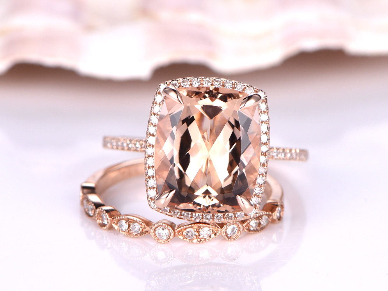 Morganit Ring Set Verlobungsring 10x12mm Kissenschliff Natural Half Eternity Diamant Ehering 14K Rosegold von PENNIjewel