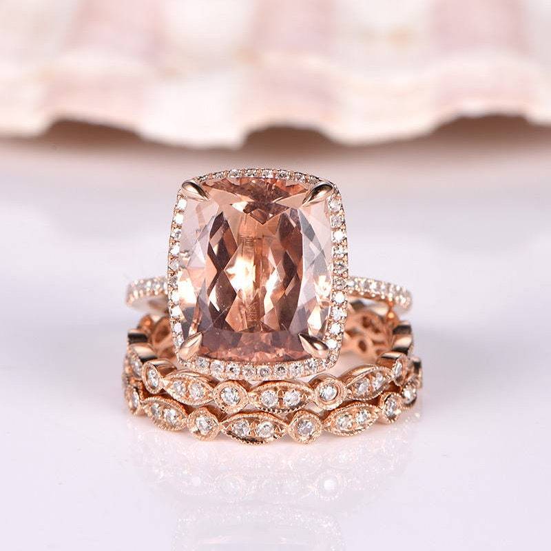 Morganit Ring Set Verlobungsring 10x12mm Natürlicher Edelstein Brautring Milgrain Diamant Ehering 14K Roségold Passendes Band von PENNIjewel