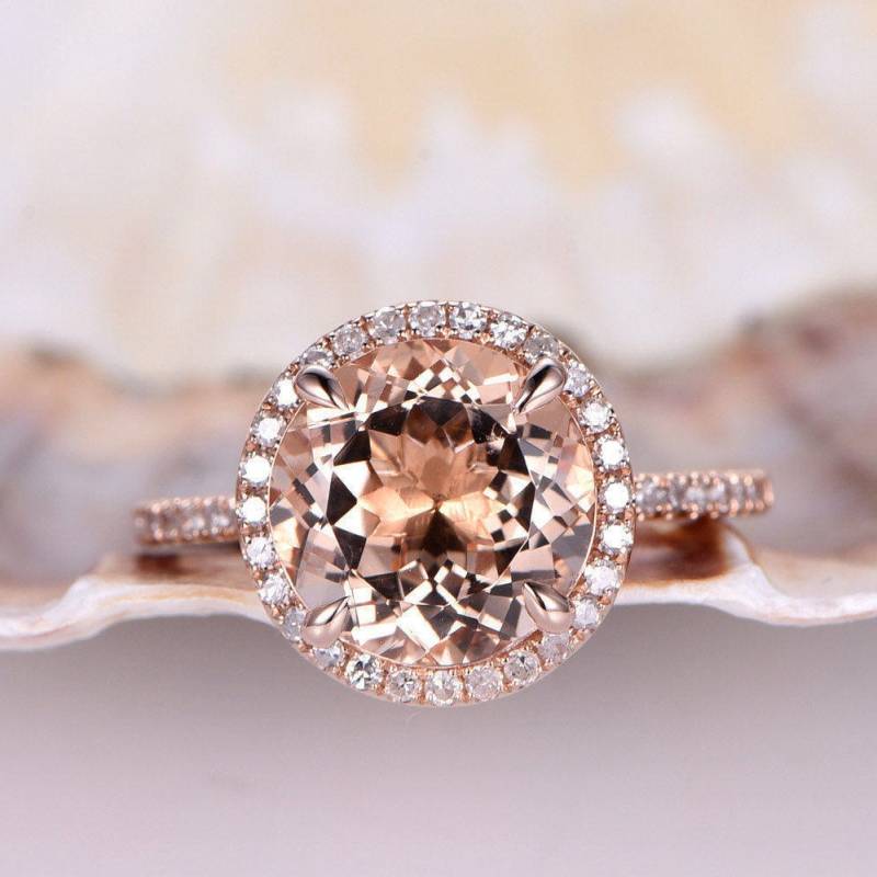Morganit Verlobungsring, Roségold 8mm Rundschliff Ring, Diamant Halo Ring, Halbe Ewigkeit, Morganit Diamant Ring, Versprechen Ring von PENNIjewel