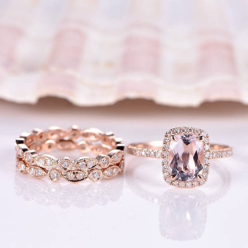 Morganit Verlobungsring Brautset Rosegold 6x8mm Kissen Pink Edelstein Ring Art Deco Ehering 3stk Full Eternity 14K von PENNIjewel