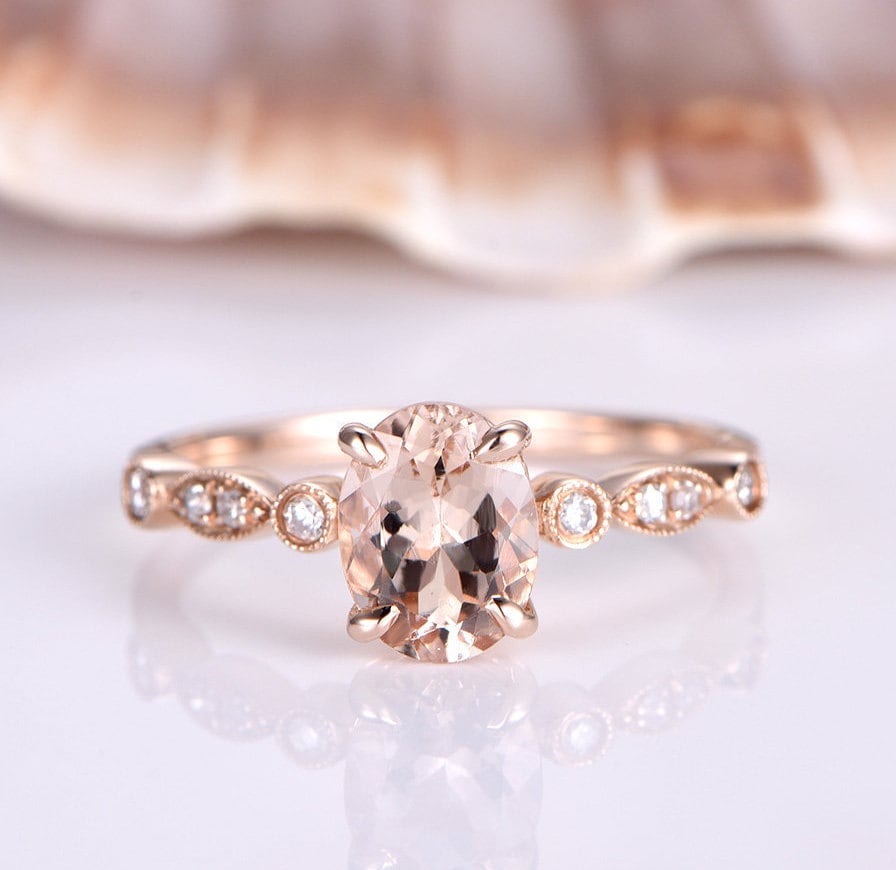 Morganit Verlobungsring Rose Gold 14K Diamant Ehering Milgrain Solitär Ring Einzigartiger Versprechen 6x8mm Oval Cut Vs von PENNIjewel