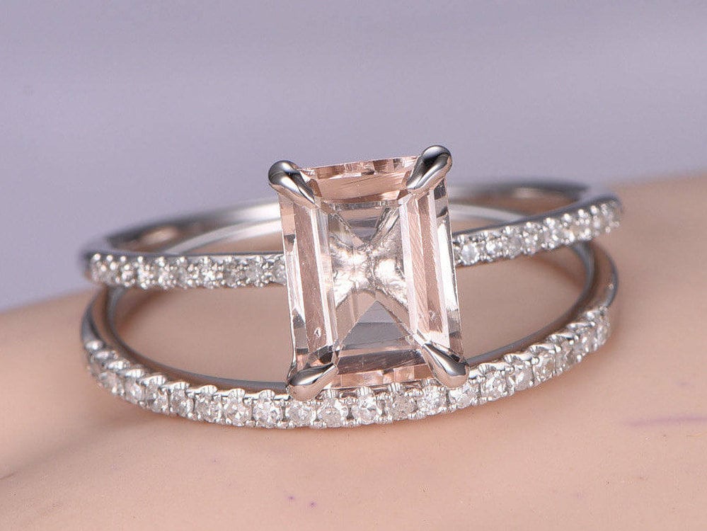 Morganit Verlobungsring Rosegold Diamant Ehering 14K Smaragdschliff Stein Ring 2Stk Brautring Versprechensring Jahrestag von PENNIjewel