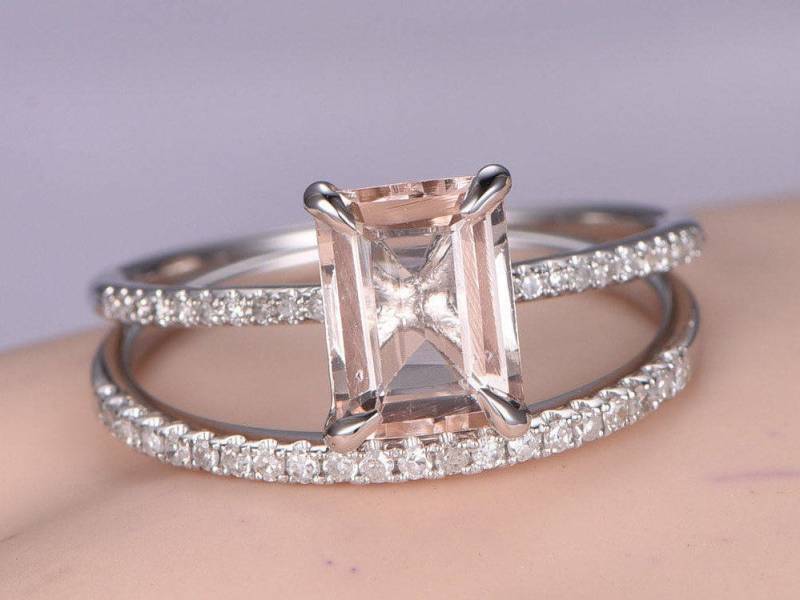 Morganit Verlobungsring Rosegold Diamant Ehering 14K Smaragdschliff Stein Ring 2Stk Brautring Versprechensring Jahrestag von PENNIjewel