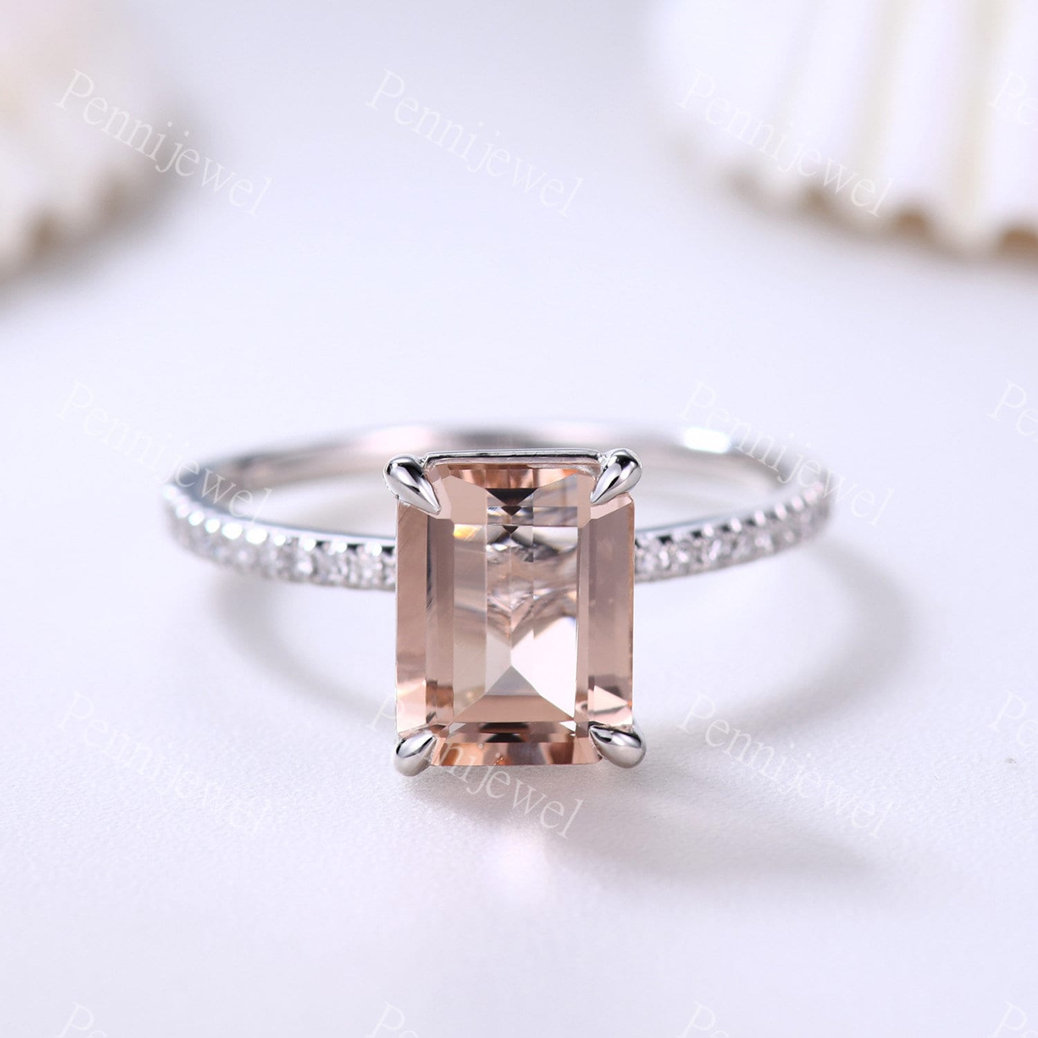 Morganit Verlobungsring Rosegold Diamant Ehering 7x9mm Smaragdschliff Pink Ring Braut Versprechend 14K Edelstein Jahrestag von PENNIjewel