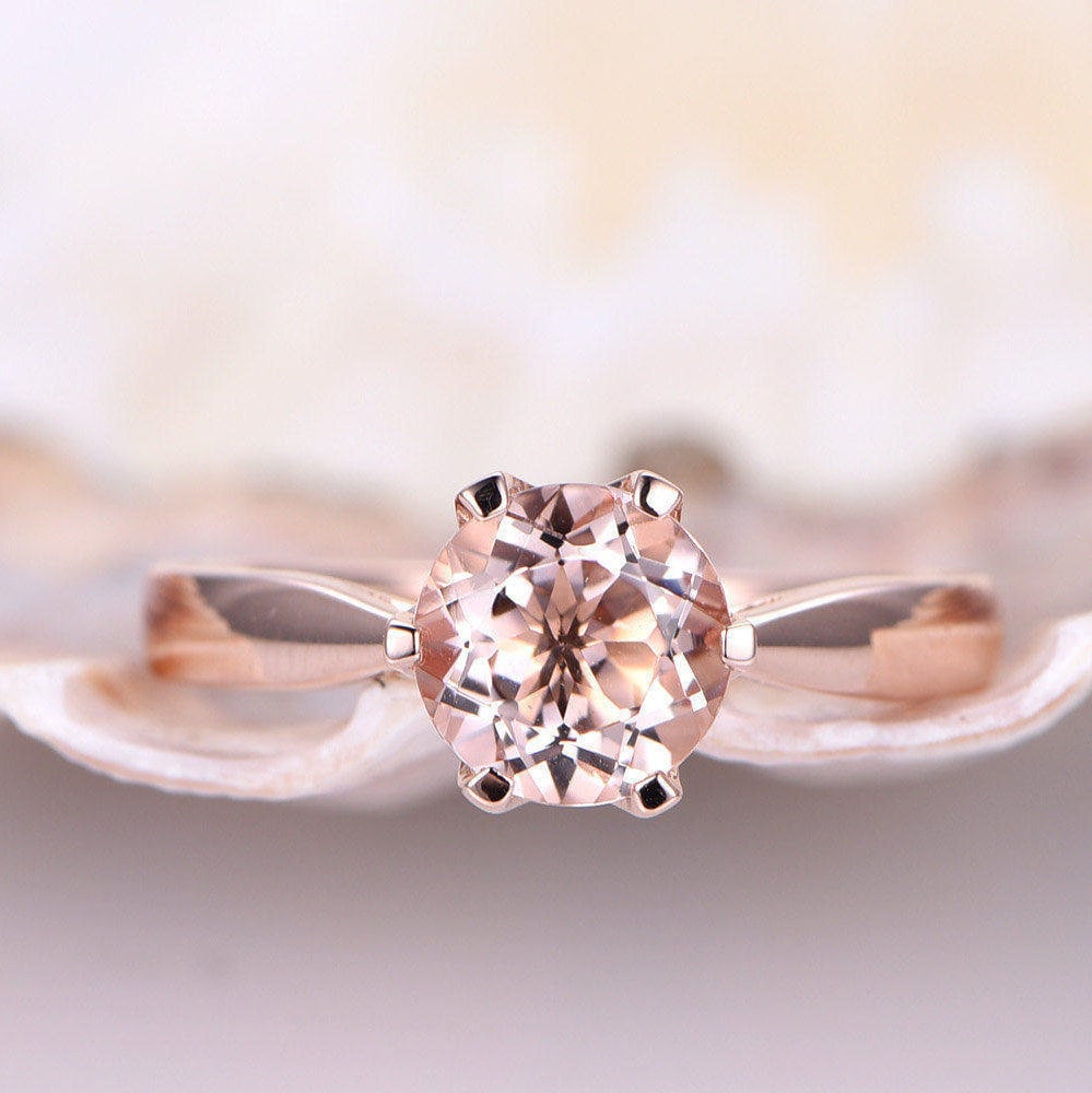 Morganit Verlobungsring Schlichtes Goldband 6, 5mm Rund Ring Roségold 6 Zacken Set Solitärring 14K Trauring Jubiläumsring von PENNIjewel