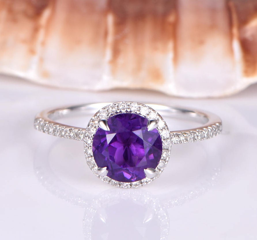 Natürlicher Amethyst Verlobungsring 7mm Rund Schliff If Massiv 14K Weißgold Diamant Ehering Stapelring Halo Brautring von PENNIjewel