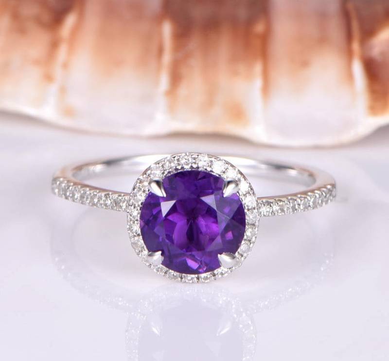 Natürlicher Amethyst Verlobungsring 7mm Rund Schliff If Massiv 14K Weißgold Diamant Ehering Stapelring Halo Brautring von PENNIjewel