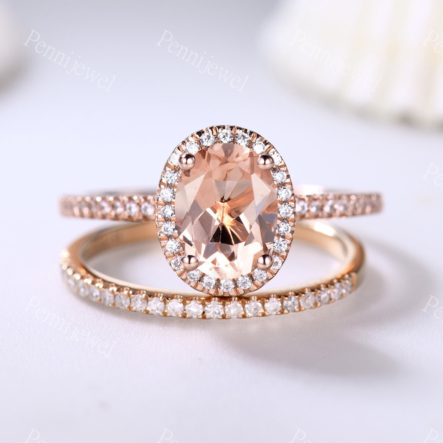 Natürlicher Morganit Diamant Verlobungsring Set Oval Schliff Ring Rose Gold Halo Vintage Frauen Brautring von PENNIjewel