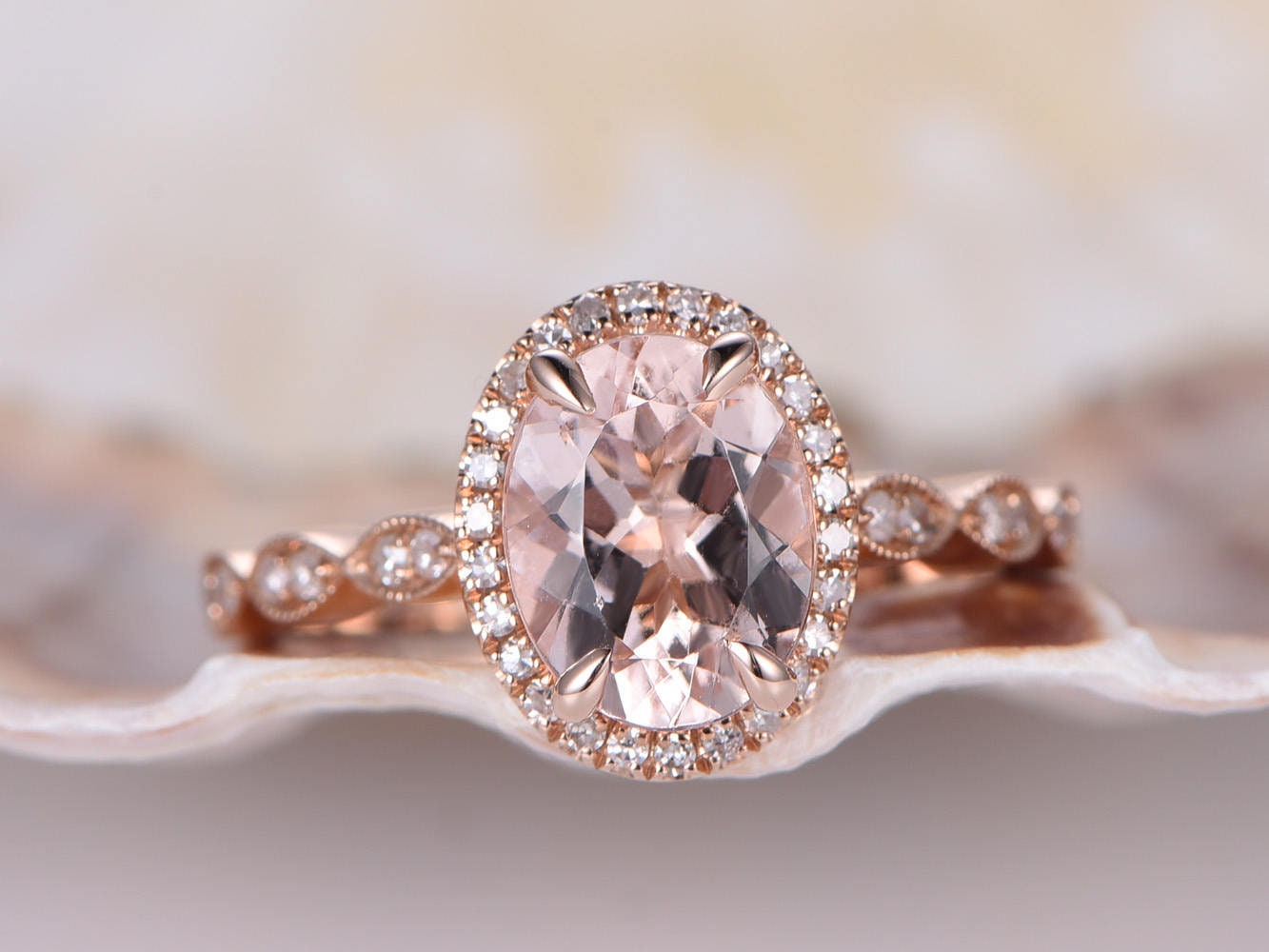 Natürlicher Morganit Verlobungsring Ovaler Ring Marquise Diamant Ehering Massiver 14K Roségold Brial Stapelring Individuell von PENNIjewel