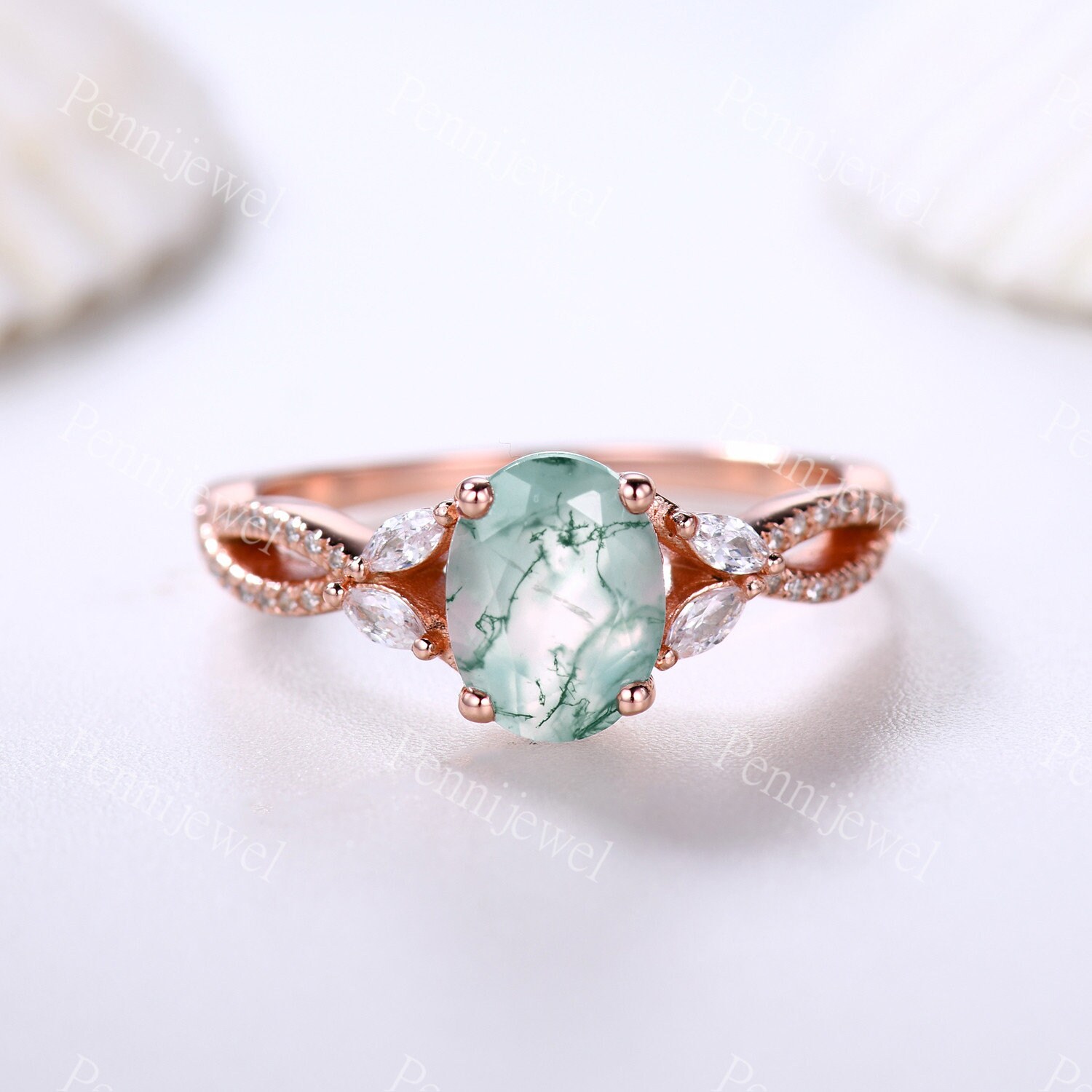 Natur Inspirierter Moosachat Ring, Oval Geschliffener Grüner Verlobungsring, Marquise Moissanit Ring, Zweige Weinlaub Ring, Frauen Geschenk von PENNIjewel