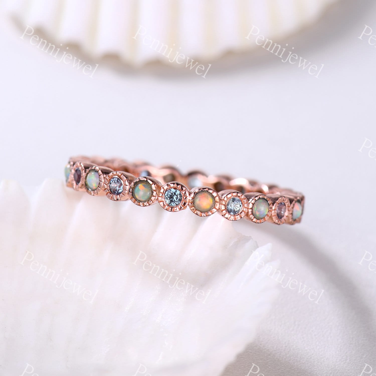 Opal Alexandrit Versprechen Ring, 1, 5mm Passendes Stapelband, Rundschliff, Volle Ewigkeit, Roségold Geburtstagsgeschenk, Opal Jahrestag Ring von PENNIjewel