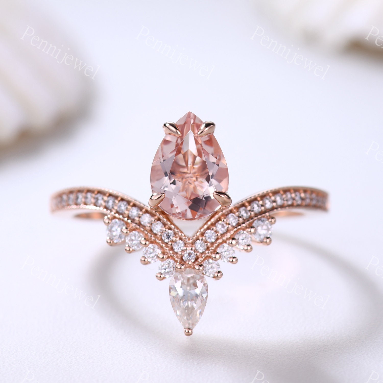 Pear Cut Natürliche Morganit Verlobungsring 14K Rose Gold Ring Diamant Band Frauen Jahrestag Art Deco Versprechen von PENNIjewel