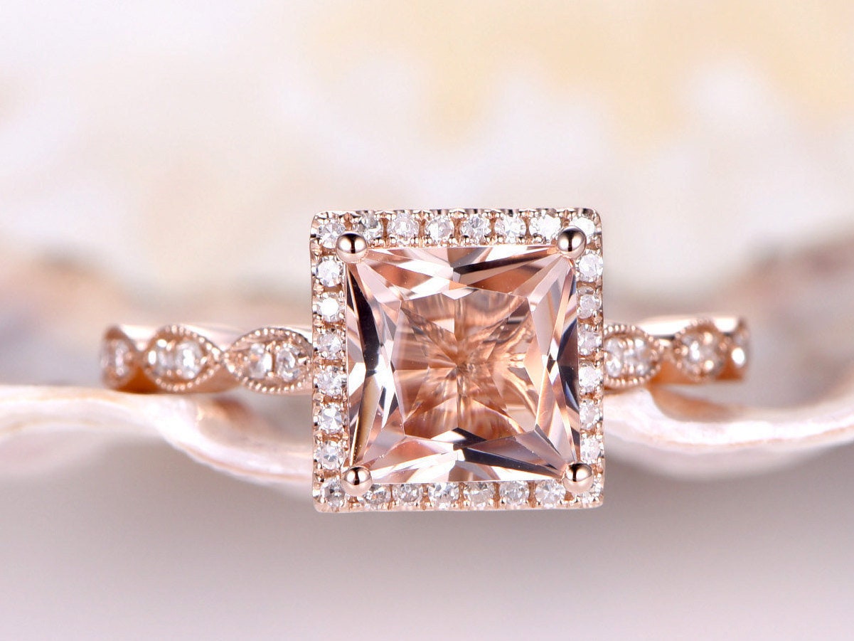 Princess Cut Morganit Verlobungsring 7mm Natürlicher Ring Solid 14K Rose Gold Marqulse Style Ehering von PENNIjewel