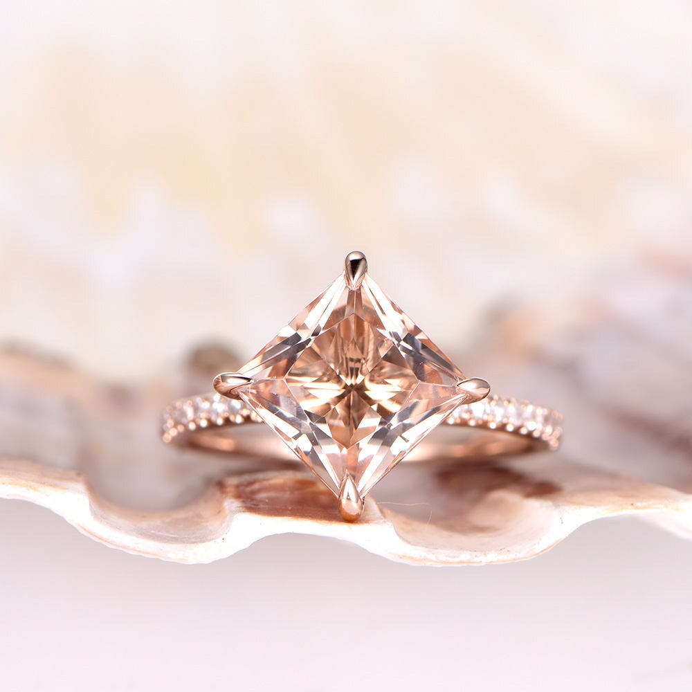 Princess Cut Morganit Verlobungsring Diamant Ehering 8mm Vs Natur Morganit Solid 14K Rose Gold Braut Versprechen Ring Jubiläum von PENNIjewel