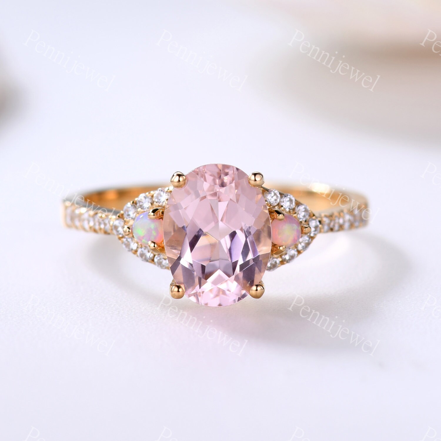 Rosa Morganit Verlobungsring, Vintage Gold Ring, Opal Diamant Ring, Art Deco Versprechen Ring, Pink Edelstein Ring, Frauen Jahrestag Geschenk von PENNIjewel