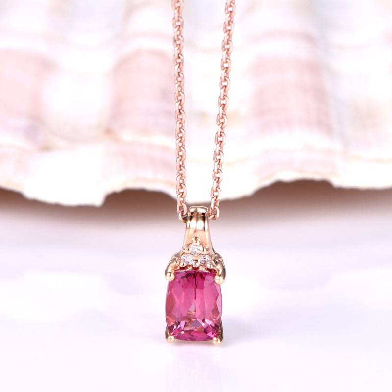 Rosa Turmalin Halskette 18 K Rose Gold Diamant Anhänger 5 X 7mm Kissen Geschnitten Natürlichen Edelstein Jahrestagsgeschenk Oktober Birthstone von PENNIjewel