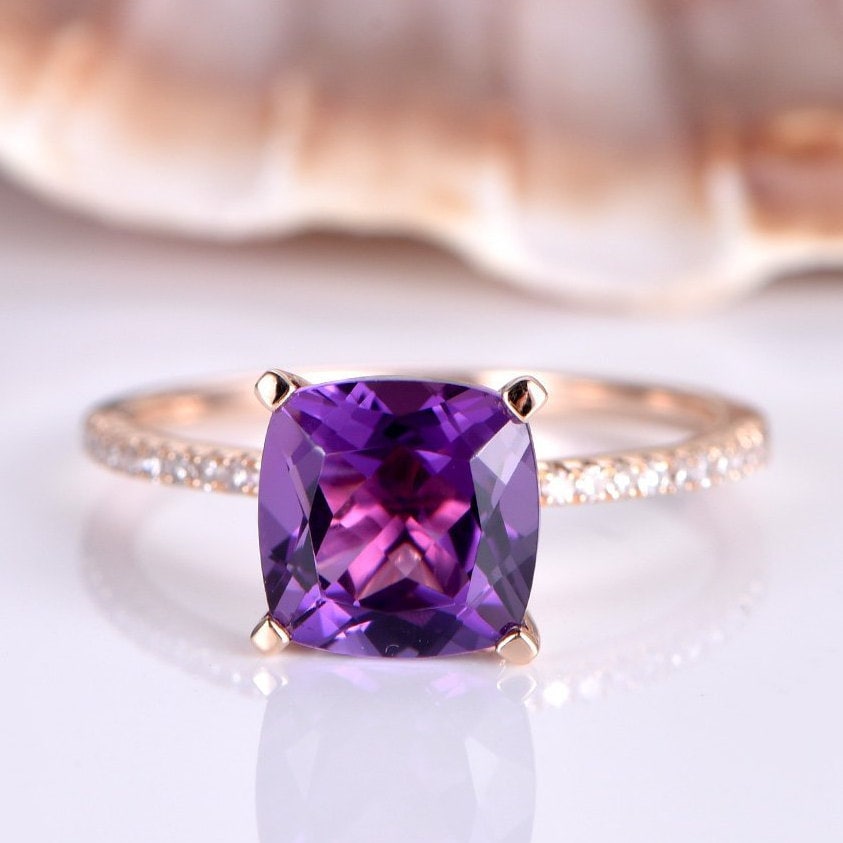 Rose Gold Amethyst Verlobungsring 8mm Kissen Geschnitten Natürliche If Diamant Band 14 K Braut Ring Solitär Custom Schmuck von PENNIjewel