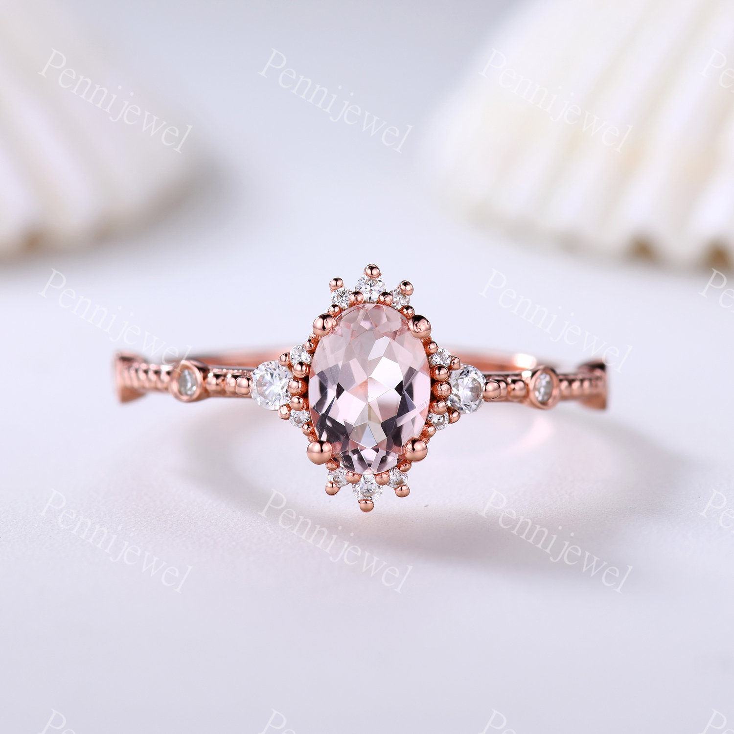 Rose Gold Morganit Verlobungsring, 7x5mm Oval Cut Natürlicher Diamant Ring, Milgrain Diamanten Band, Jahrestag Ring, Valentinstag Geschenk von PENNIjewel