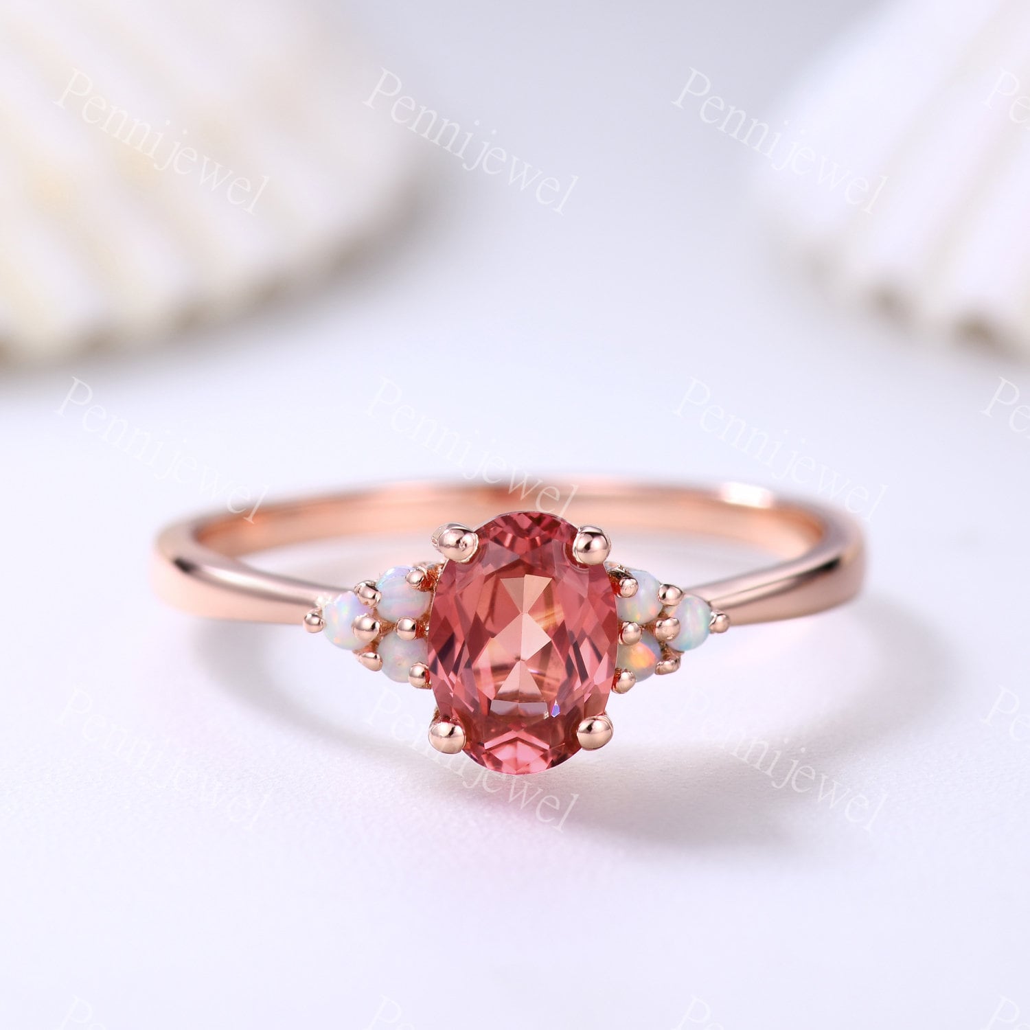 Rose Gold Padparadscha Saphir Ring, 5x7mm Oval Geschliffen Opal Verlobungsring, Schlichtes Band, Zierlicher Ring von PENNIjewel