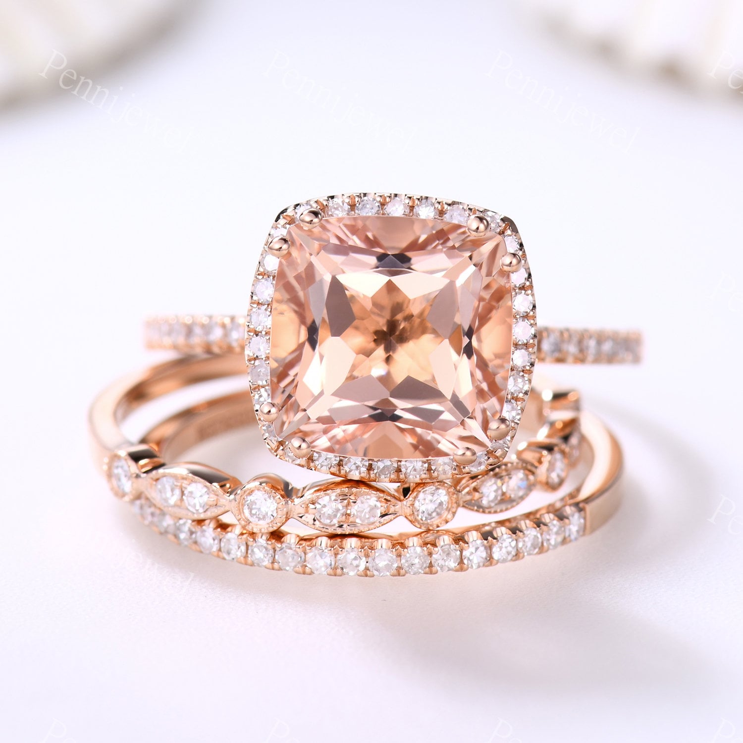 Rosegold 9mm Kissen Morganit Verlobungsring, Diamant Halo, Halbe Ewigkeit Diamant Band, Jahrestag Ring Set, Morganit von PENNIjewel