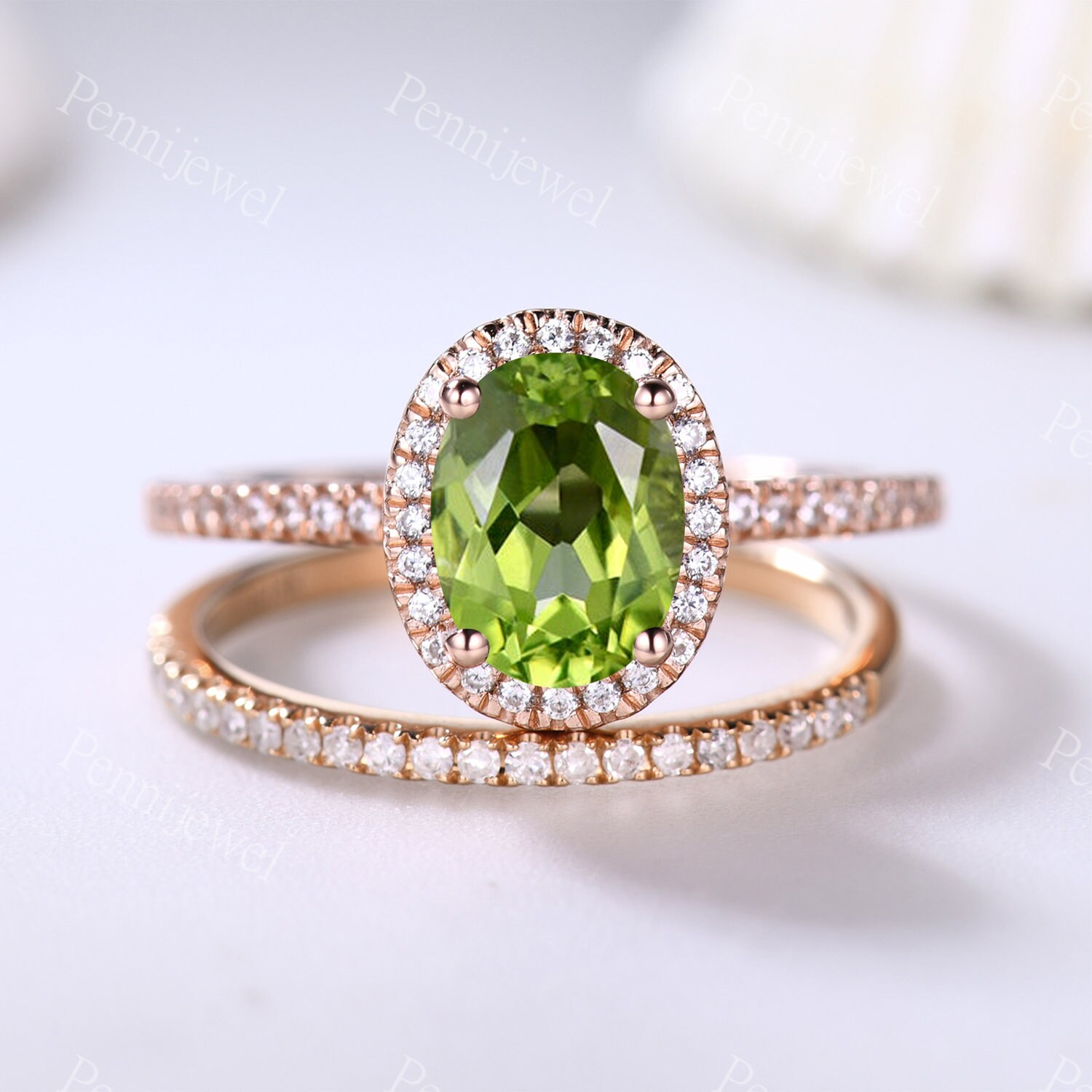 Rosegold Peridot Braut Ring Set, Oval Cut Grüner Ring, Diamant Heiligenschein Ring, August Geburtsstein Geburtstag Geschenk Für Frauen, Peridot von PENNIjewel